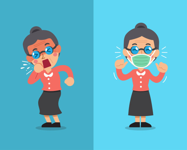 Covid-19防护理念年长妇女咳嗽并佩戴防护口罩图片下载