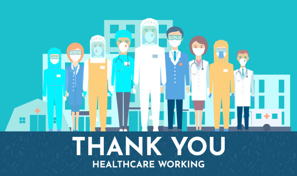 医护人员面对医院、临终关怀、救护车、医疗帐篷。感谢你们在医院勇敢的医疗工作和抗击新冠肺炎疫情，矢量插图图片下载