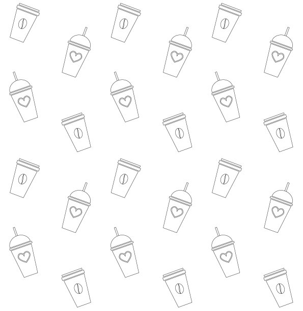 矢量无缝图案用黑线画出带走咖啡的茶奶昔图案图片下载