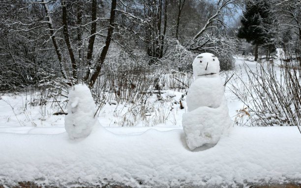 两个小雪人在冬天的森林里图片下载