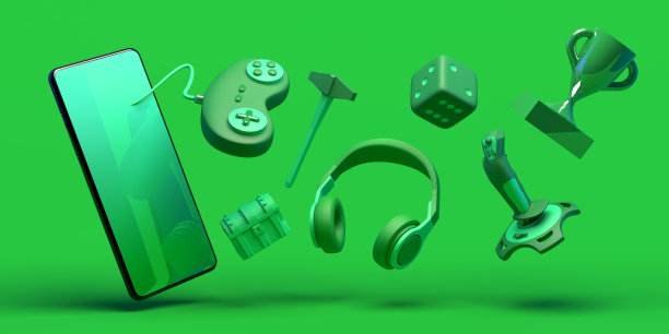 智能手机的玩家概念。横幅。游戏机控制器，骰子，耳机，胸，操纵杆，奖品…3 d演示。图片下载