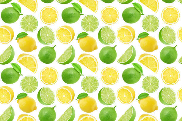 水果无尽的图案与酸橙和柠檬孤立在白色的背景。图片下载