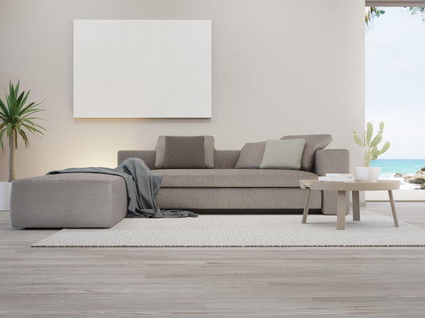 现代住宅或豪华别墅的大客厅地毯上沙发旁的空白相框。图片下载