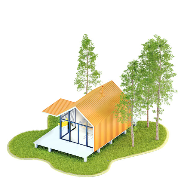 一个现代小木屋的俯视图在斯堪的纳维亚风格的诞生在一个绿色草坪和冷杉树的岛上金属屋顶。在白色背景上的3D插图，孤立图片下载