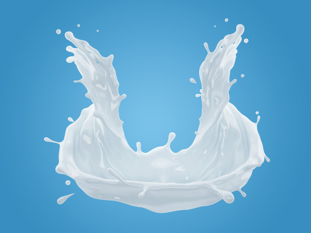 牛奶溅的3d插图在梯度蓝色背景图片下载