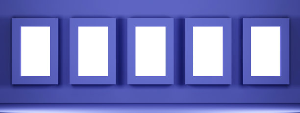 蓝色的墙壁上有一排长方形的壁龛图片下载