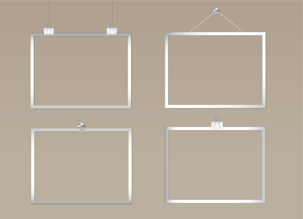 套在活页夹，绳子和钮扣上的银色矩形相框。模型。矢量三维现实。闪亮的空白模板上的米色背景。4空时尚豪华照片卡与阴影。EPS10。图片下载