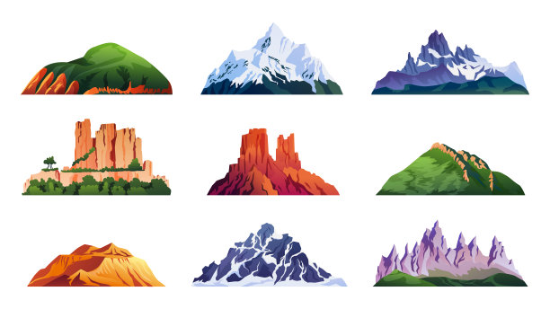 山脊设置孤立的冰山顶部和山丘，卡通岩石景观。矢量雪山悬崖，攀登和远足运动标志。中国和日本的山脉，火山口和山脉图片下载