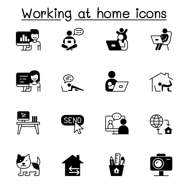 从家里工作图标设置矢量插图平面设计图片下载