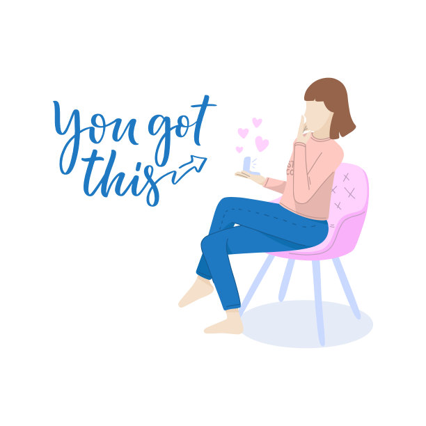 女孩角色在卡通扁平风格与积极的字母口号。极简主义女性形象设计。友好的概念与书法短语。快乐的女人。向量图片下载