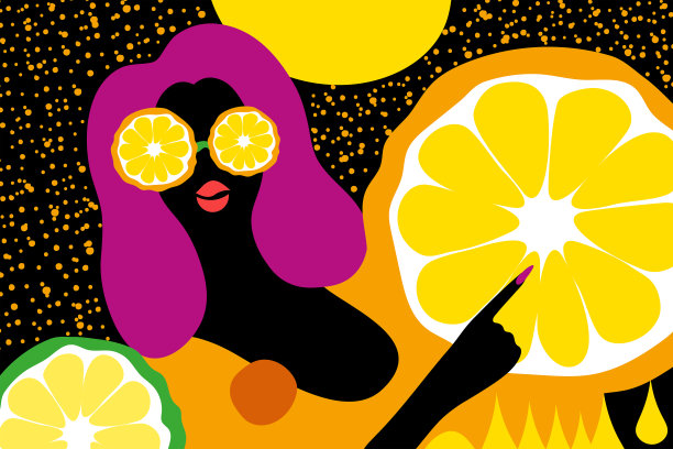 抽象的黑色女性和橙色的黑色背景。明亮的极简主义。当代流行艺术。平的风格。现代插图。图片下载