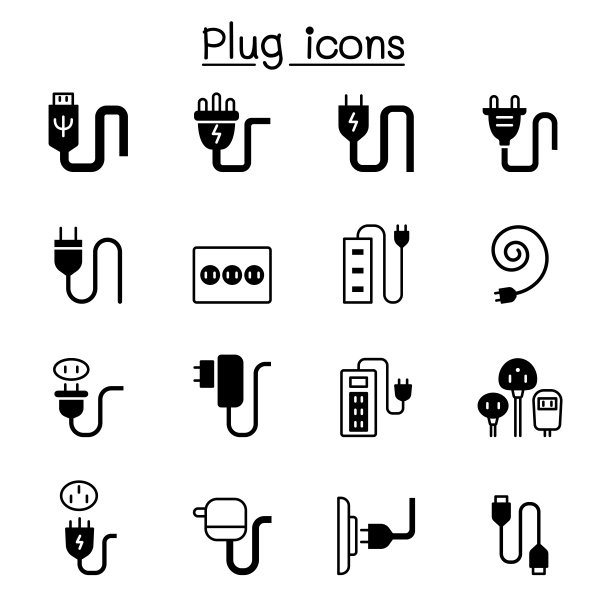 电源插头、USB、电缆、插座、端口图标矢量图图片下载