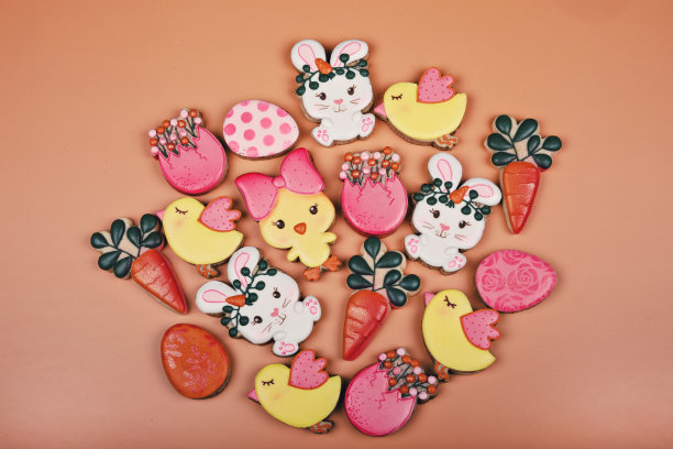 不同的复活节糖饼干装饰皇家糖霜的变化的特写。鸡蛋，兔子，胡萝卜和鸡在黄色的背景。可爱的甜蜜的礼物或明信片图片下载