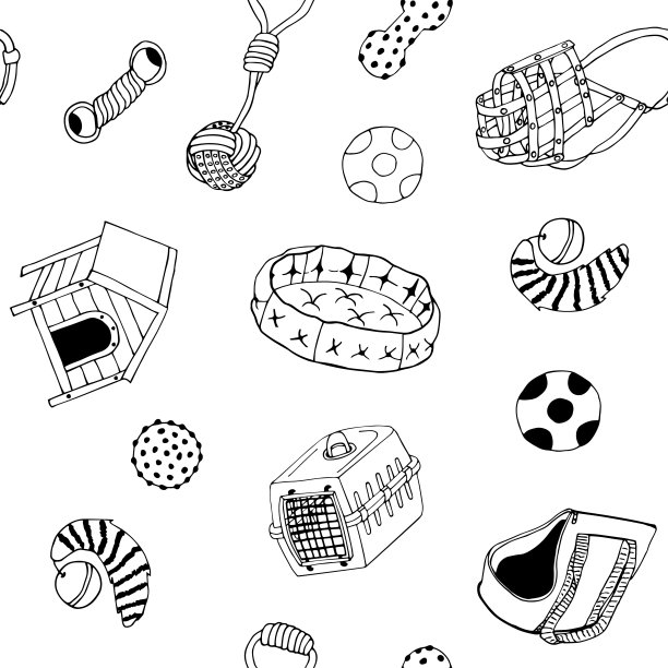 矢量无缝插图与一组狗。黑白图像的东西为狗的风格涂鸦。孤立线性的玩具和狗屋。图片下载