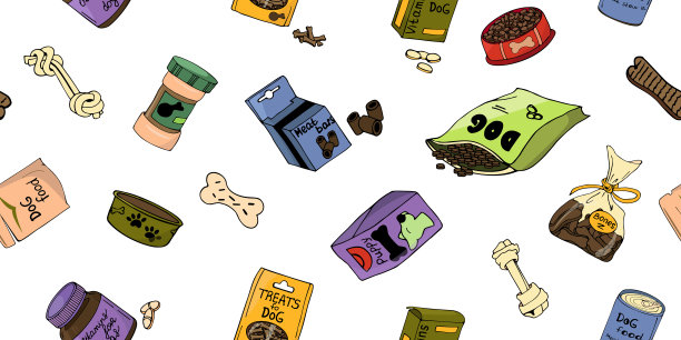 矢量无缝插图与狗粮。彩色图像与食物和款待的狗。孤立的图像与狗骨头和一碗食物。图片下载