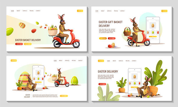 复活节快乐网页带着复活节篮子骑着摩托车的兔子，屏幕上有装饰彩蛋的电话。复活节交付的概念。图片下载