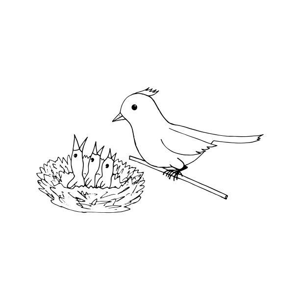 鸟妈妈和小鸡在巢的图标，贴纸。手绘涂鸦风格的素描。极简主义,单色。春天,沉思。图片下载
