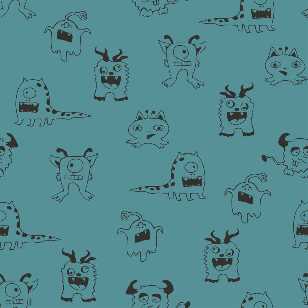 无缝矢量模式与手绘怪物在蓝色背景。卡通外星人壁纸设计的孩子。有趣的时尚纺织。图片下载