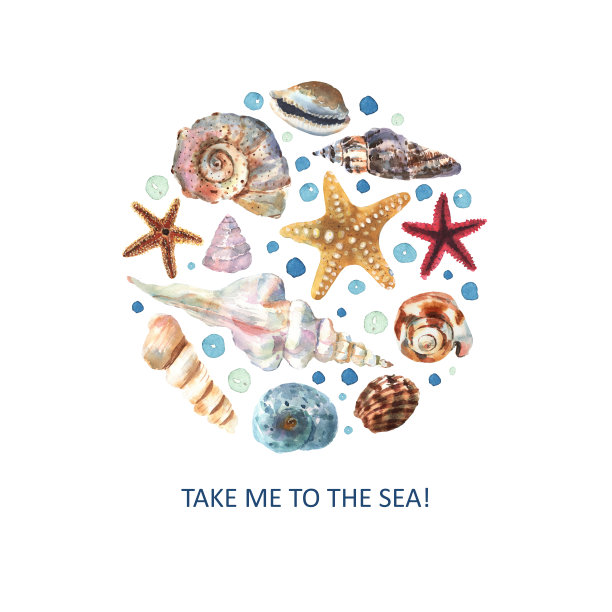 美丽的水彩圈背景与五颜六色的贝壳和星星装饰设计。背景文字带我去海边。水下模式。图片下载