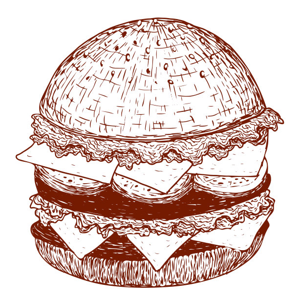 矢量奶酪汉堡在复古风格画在白色的背景笔画。图片下载