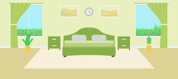 现代室内居室。酒店房间内部有床和枕头，床头柜，画，钟。粉绿色的颜色。股票矢量插图。图片下载