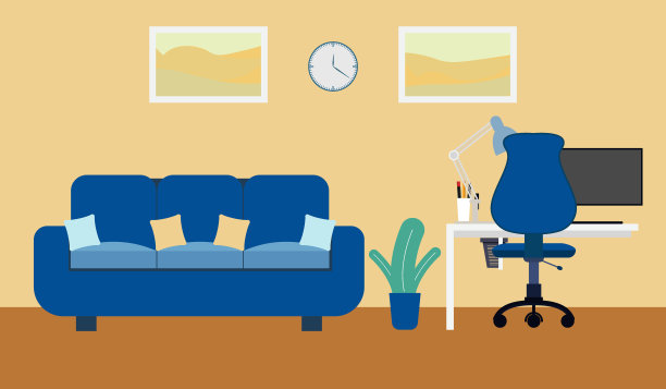 房间内部设计有电脑桌、沙发、图片、盆栽植物。平面设计。蓝色和米色。股票矢量插图。图片下载