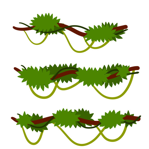 树枝上长着苔藓和绿草。丛林的一部分风景。树的沼泽地藤蔓。湿地植物。热带森林元素。卡通平面插图图片下载