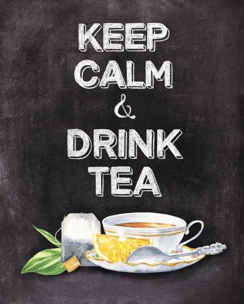 冷静饮茶的复古海报，以黑板为背景。手工刻字食品设计。图片下载