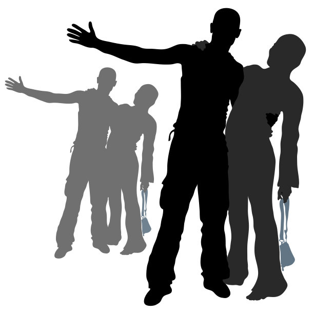 矢量剪影的年轻人。一个男人和一个女人在快乐的情绪中相互拥抱和拥抱。几个朋友，一个男孩和一个女孩，那个男孩向前伸出他的手掌。图片下载