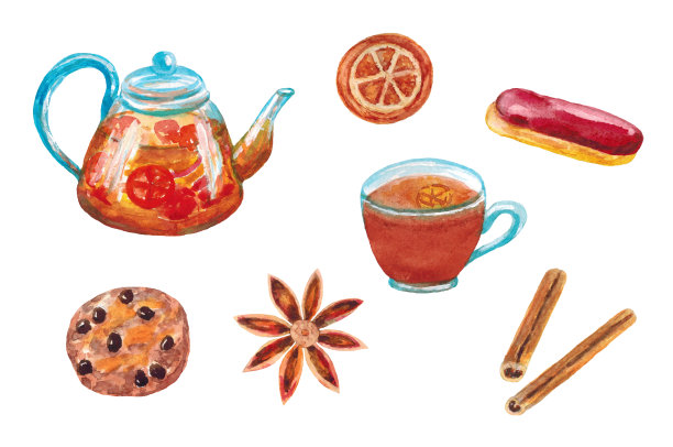 舒适的茶具:茶壶里的茶，杯子里的茶，泡芙，饼干，橘子，肉桂和茴香孤立在白色的背景。图片下载