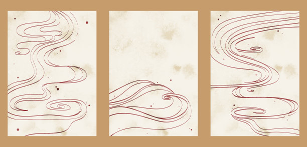 三组背景与水彩纹理和细线，传统的模式，点，波浪，卷曲。图片下载