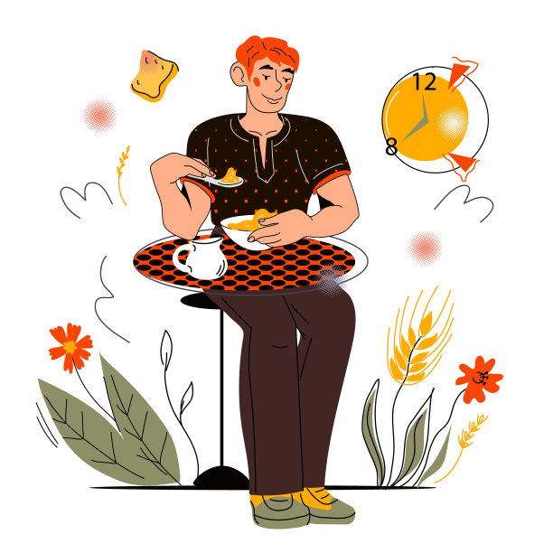 年轻人坐在桌前吃健康麦片早餐，卡通矢量插图孤立。图片下载