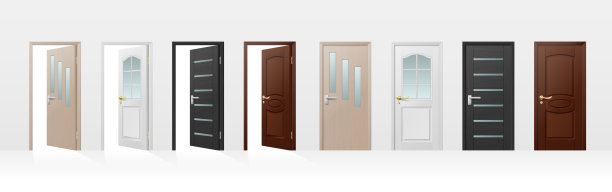 封闭和开放的入口房子和房间门图标，现实孤立的白色背景图片下载