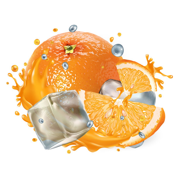 整个橙子和切片，加冰块和果汁图片下载