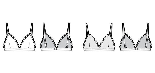 三角胸罩内衣技术时尚插图可调绑带，钩和眼睛关闭，扇形杯。平图片下载