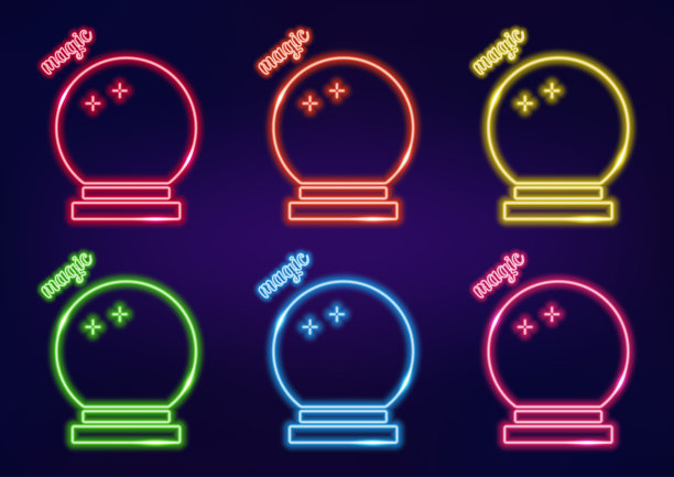 霓虹灯框架。一套霓虹灯水晶球不同的颜色。算命的球。暗色背景上的激光发光线。图片下载