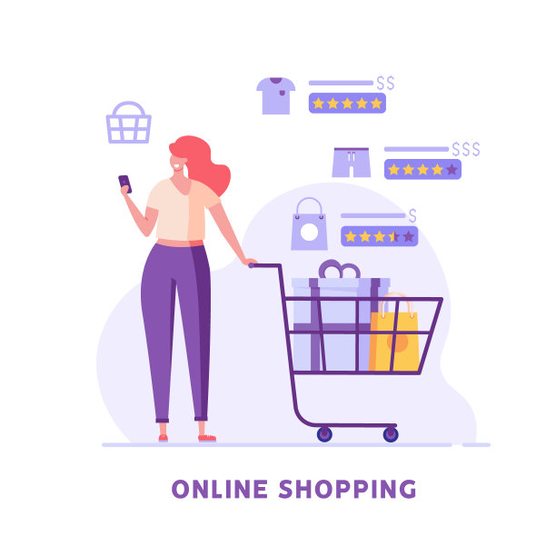 一位女士推着购物车站在网上商店寻找商品。网上购物概念，大选择，网上交易，产品评级，市场。矢量插图在平面设计图片下载