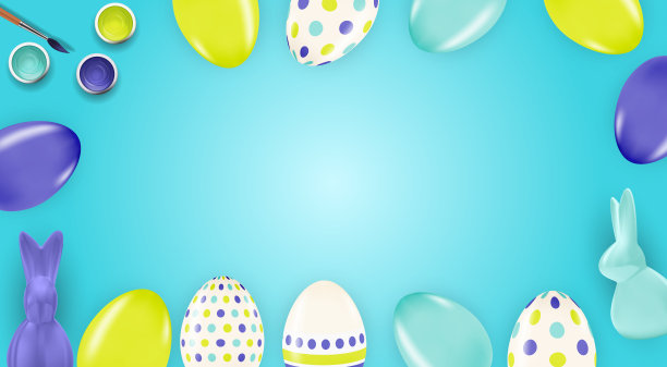 复活节海报模板与3d逼真的复活节彩蛋和油漆。广告模板，海报，传单，贺卡。矢量插图EPS10图片下载
