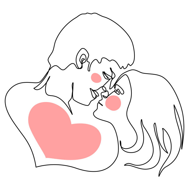 情侣接吻连续线条画：情人节、婚礼邀请函插画图片下载