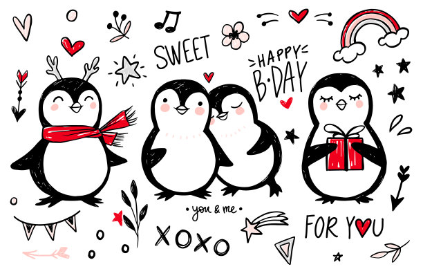 涂鸦企鹅，手绘一套有趣的动物。矢量企鹅人物在素描风格。图片下载