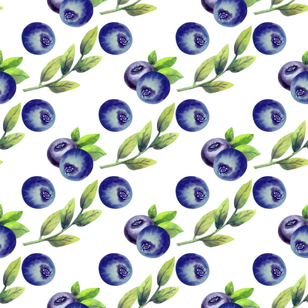 无缝模式与成熟的蓝莓在白色孤立的背景。水彩插图图片下载