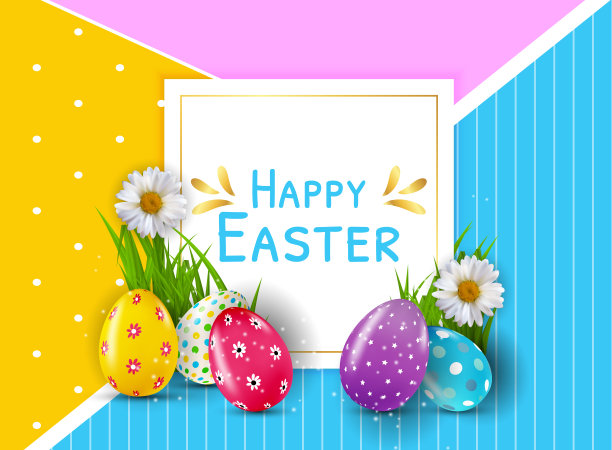 复活节海报模板与3d逼真的复活节彩蛋。模板广告，海报，传单，贺卡。矢量插图EPS10图片下载