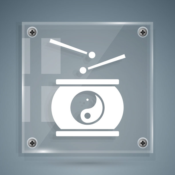 白色的中国鼓图标孤立的灰色背景。传统的亚洲打击乐器太鼓或大鼓。方形玻璃面板。矢量图图片下载