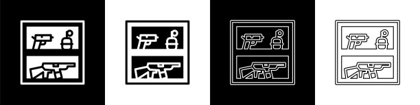 设置狩猎店与步枪和枪支武器图标隔离在黑白背景上。拥有武器装备的超市或商店。向量图片下载