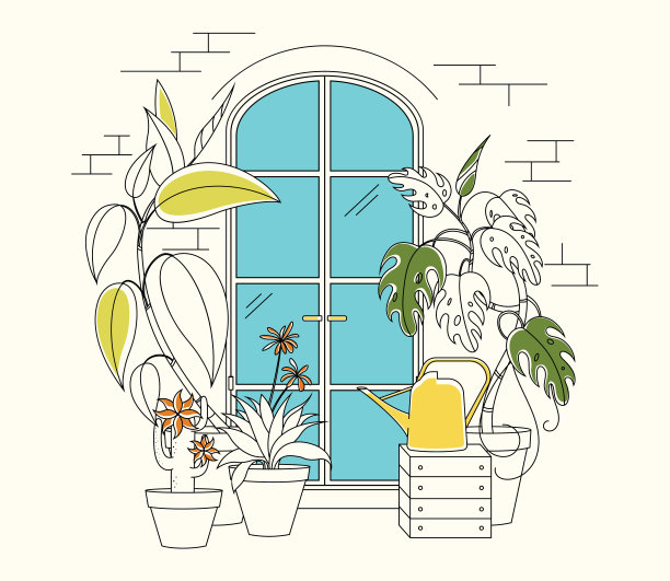 花园里的一扇门。风景如画的窗户，植物和喷壶。舒适的温室和冬季花园。图片下载