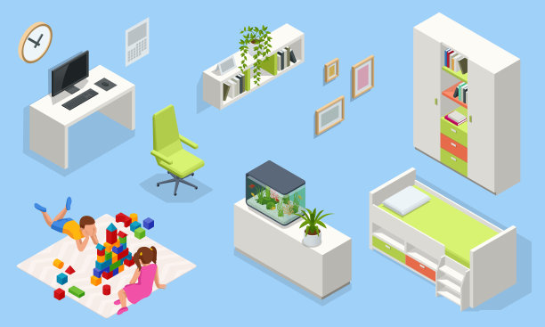 等距室内家具为现代青少年房间室内舒适的床。室内装饰的想法。室内的现代书房为青少年图片下载