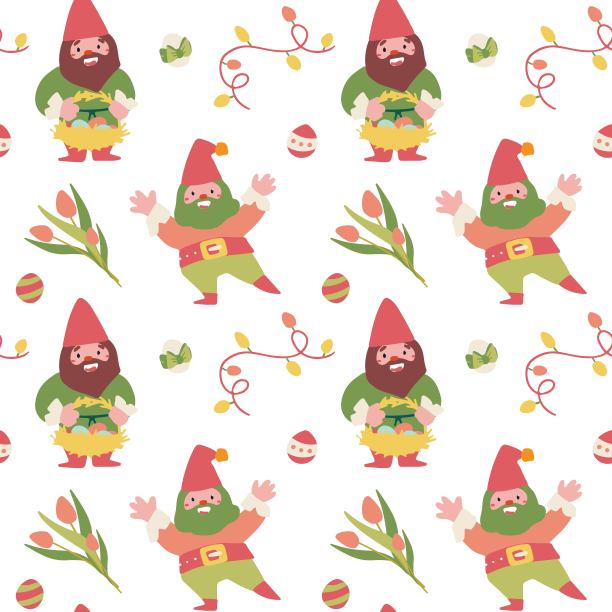 Сheerful风格化的模式与侏儒，复活节彩蛋和一束郁金香在一个白色的背景图片下载