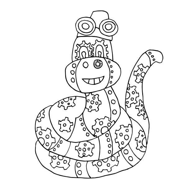 蛇，中国的生肖符号2025。蒸汽朋克蛇。可爱的机械的动物。儿童涂色书。矢量插图。东部的星座。金属机器人隔离在白色背景。线性图图片下载