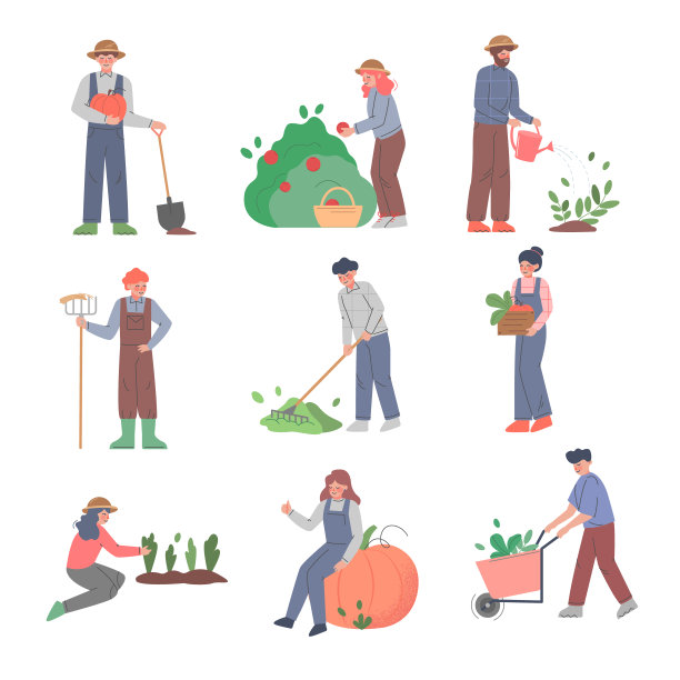 农民在农场或花园设置工作，农业工人种植和收获有机水果和蔬菜，生态农业概念卡通风格矢量插图图片下载