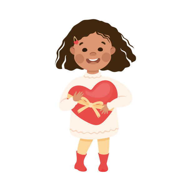 可爱的女孩抱着心，可爱的孩子性格与浪漫的感情象征，快乐的情人节概念卡通矢量插图图片下载